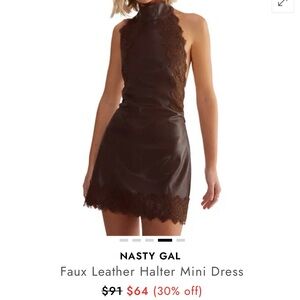 Nasty Gal Chocolate Brown Faux Leather Halter Mini Dress with Lace Trim
